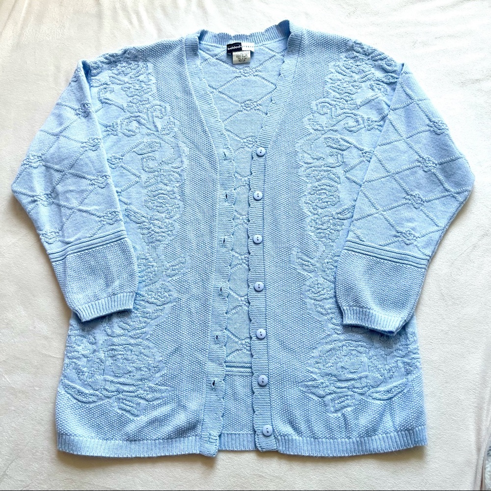 Light Blue Vintage Scallop Floral Button Down Cardigan Sweater